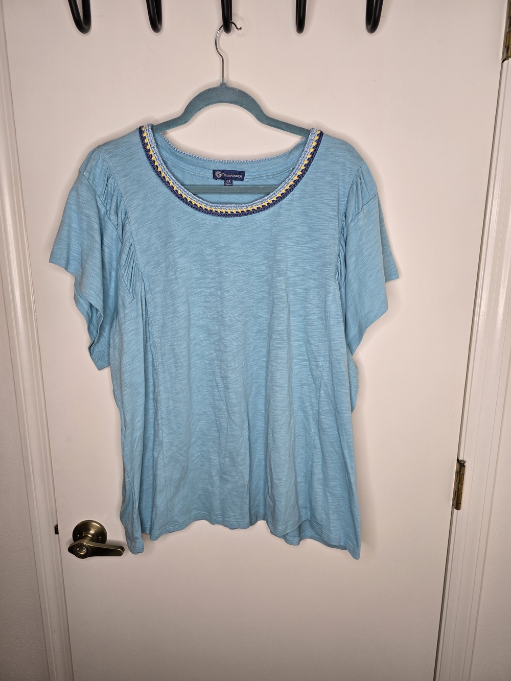 Democracy Sky Blue Short Sleeve Tee with Embellished Neckline